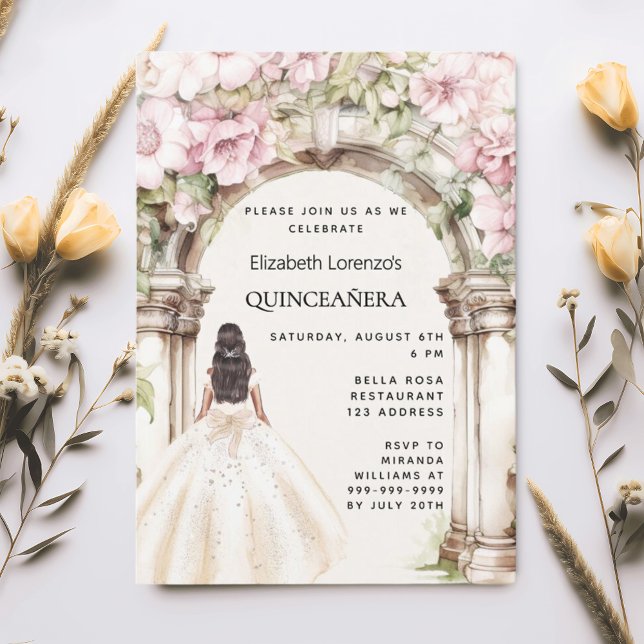 Invitation Robe rose florales arche robe blanche Quinceanera (Créateur téléchargé)