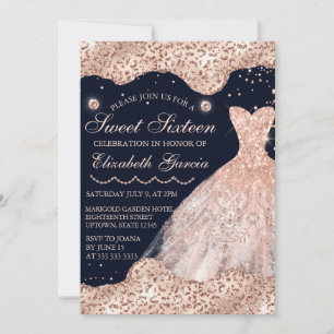 Invitation Robe Rose Gold et Bords Glamour pour Sweet 16