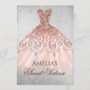 Invitation Robe Rose Gold Paillettes Argentées Sweet Sixteen
