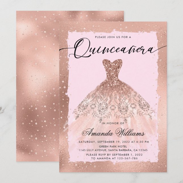 Invitation Robe Rose Gold Quinceañera  (Devant / Derrière)