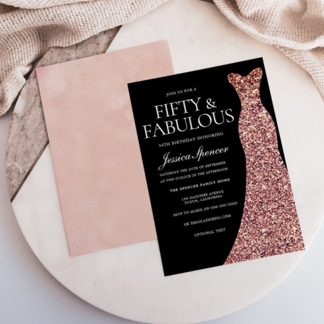 Invitation Robe rose Gold Sparkle Black 50e anniversaire fête (Créateur téléchargé)