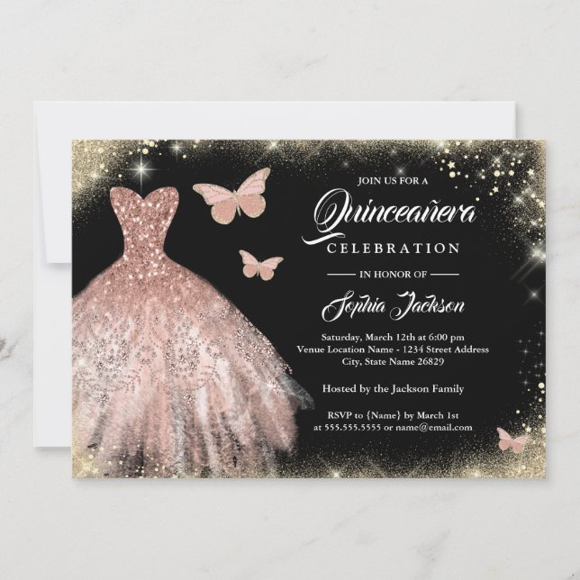Invitation Robe Rose noire en or papillon Quinceanera (Devant)