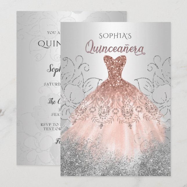 Invitation Robe Rose or argent étincelle Quinceañera Quince (Devant / Derrière)