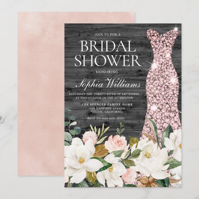 Invitation Robe rose or Blush White Country Fête des mariées (Devant / Derrière)