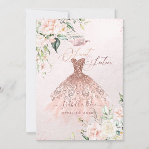 Invitation Robe rose or doux 16 Aquarelle bleu Fleurs
