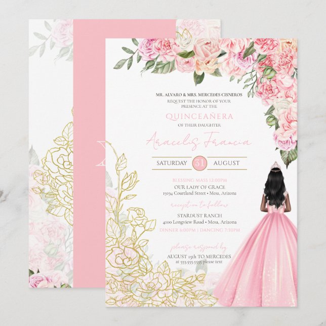 Invitation Robe Rose or élégant Floral jolie robe Quinceañera (Devant / Derrière)