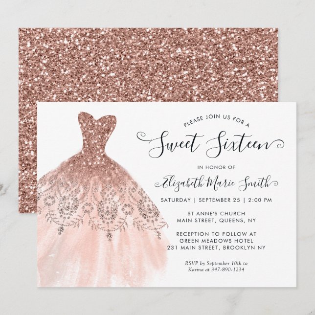 Invitation Robe Rose or étincelante douce 16e anniversaire (Devant / Derrière)