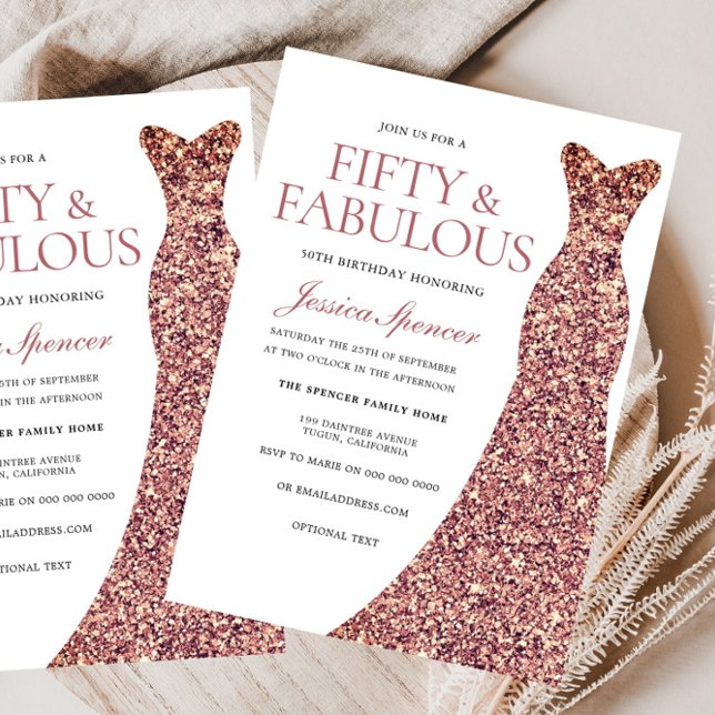 Invitation Robe rose or étincelante femmes 50e fête d'anniver (Créateur téléchargé)