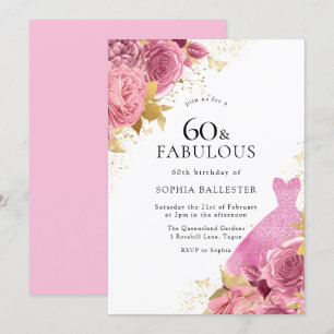 Invitation Robe rose or étincelante Roses 60e fête d'annivers