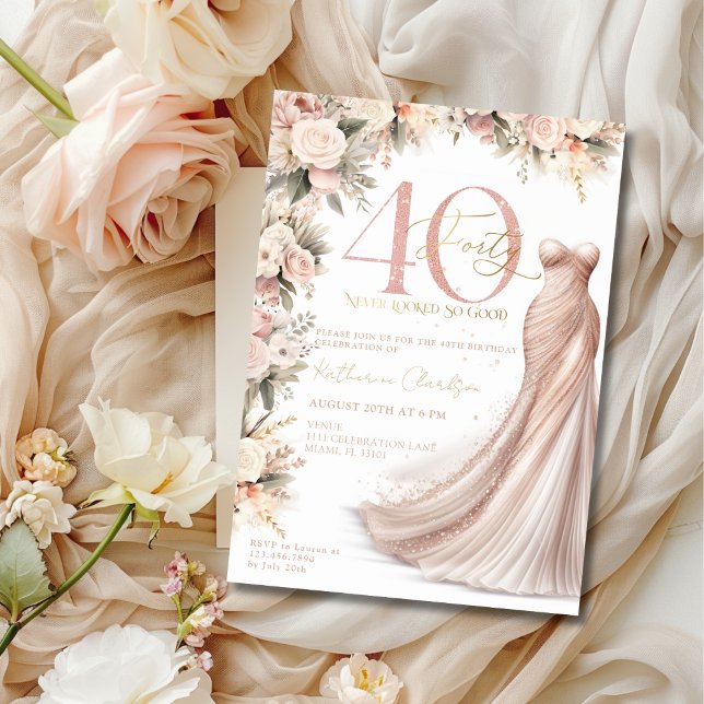 Invitation Robe rose or étincelle Floral 40e fête d'anniversa (Créateur téléchargé)