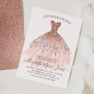Invitation Robe rose or étincelle rose QUINCEAÑERA Anniversai