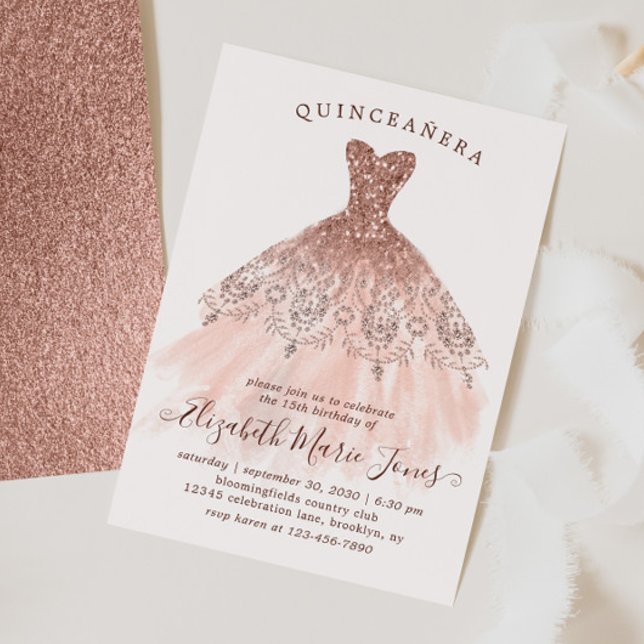 Invitation Robe rose or étincelle rose QUINCEAÑERA Anniversai (Créateur téléchargé)
