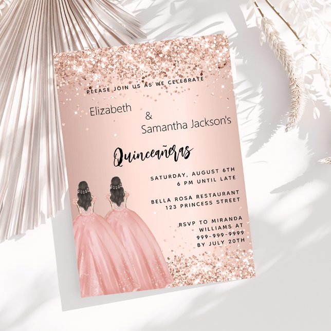Invitation Robe rose or jumelle filles Quinceanera (Créateur téléchargé)