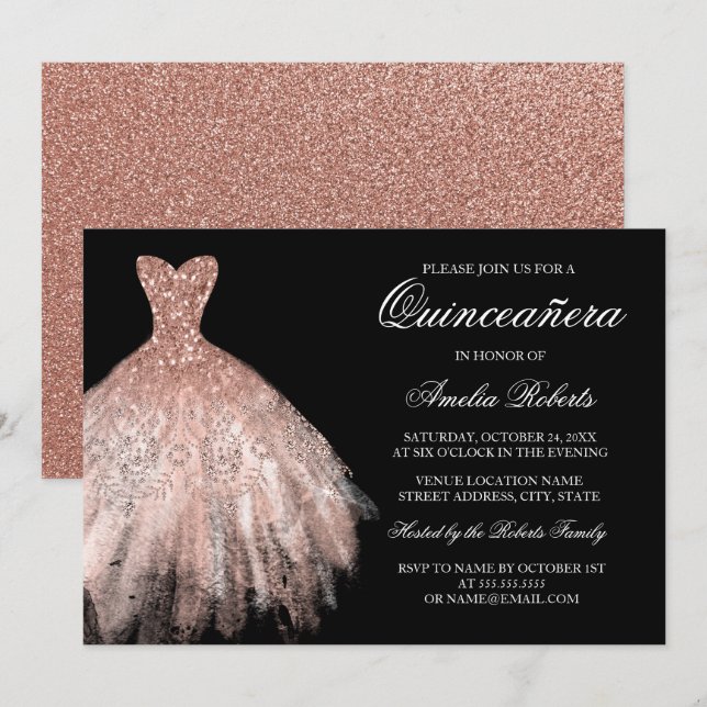Invitation Robe rose or noir Parties scintillant Quinceanera (Devant / Derrière)
