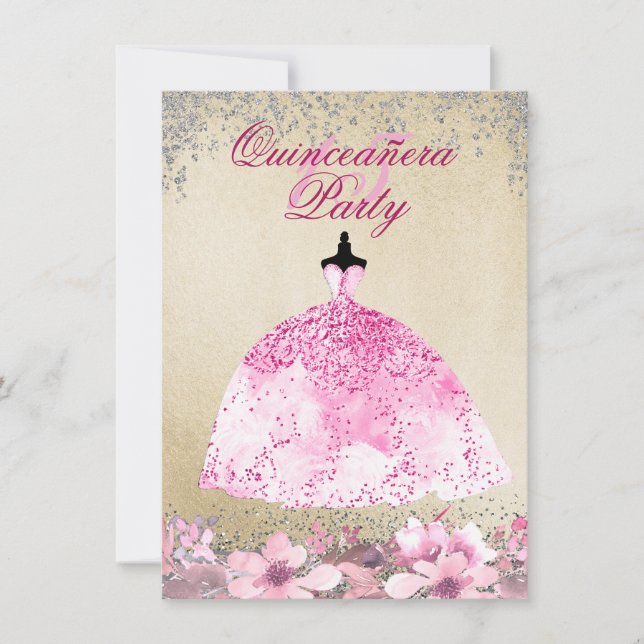 Invitation Robe rose or Parties scintillant argent Quinceaner (Devant)