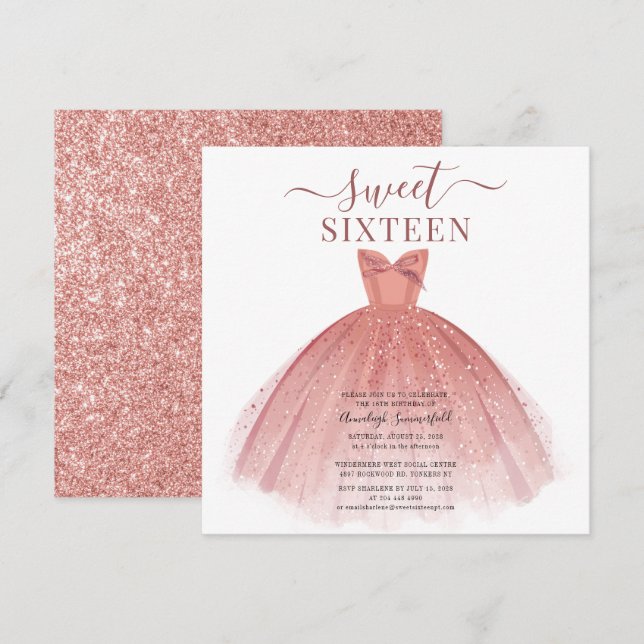 Invitation Robe rose or Parties scintillant douce 16 Annivers (Devant / Derrière)