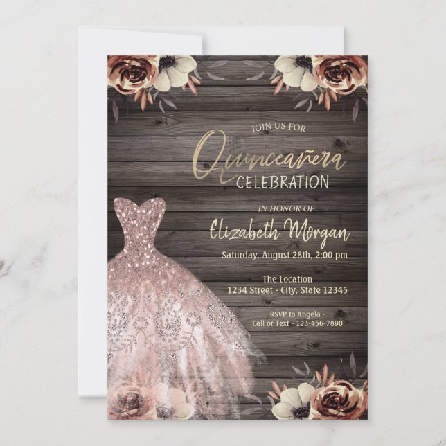 Invitation Robe rose or Parties scintillant Fleurs Bois Quinc (Devant)