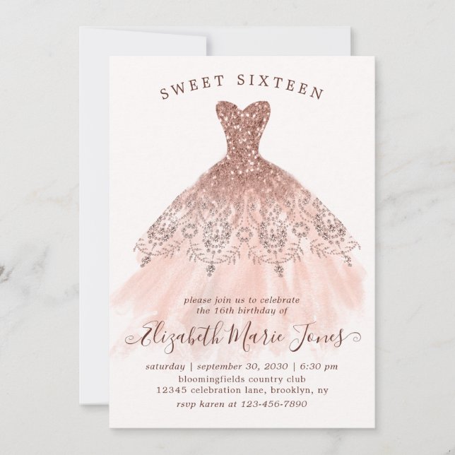 Invitation Robe rose or rose Douce 16ème Anniversaire Moderne (Devant)