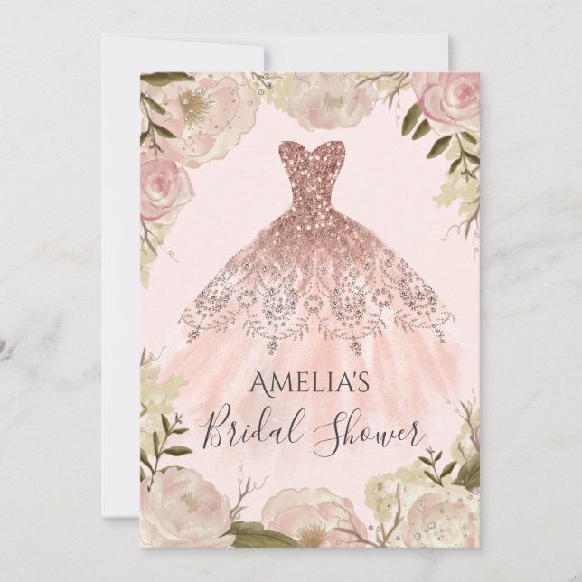 Invitation Robe rose or Rose floral Fête des mariées Invitati (Devant)