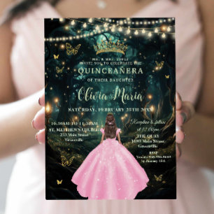 Invitation Robe rose pâle Enchantée Forêt Or Quinceañera