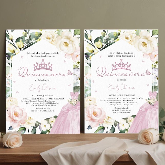 Invitation Robe rose Papillon Floral Quinceañera Bilingue (Créateur téléchargé)