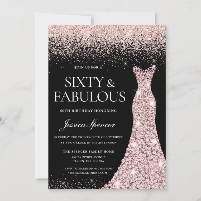 Invitation Robe rose Parties scintillant or Fabuleux 60e anni (Devant)