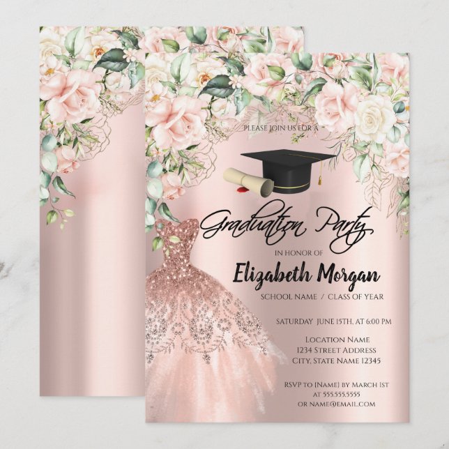 Invitation Robe rose Parties scintillant or Rose Grad Casquet (Devant / Derrière)