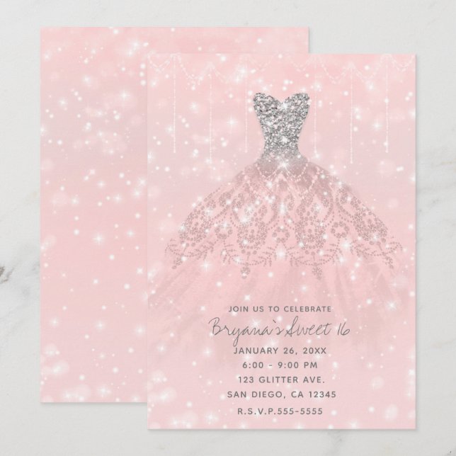 Invitation Robe rose Peach Argent Parties scintillant étincel (Devant / Derrière)