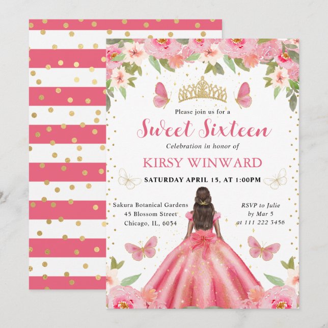 Invitation Robe rose Peau foncée Princesse Douce 16 (Devant / Derrière)