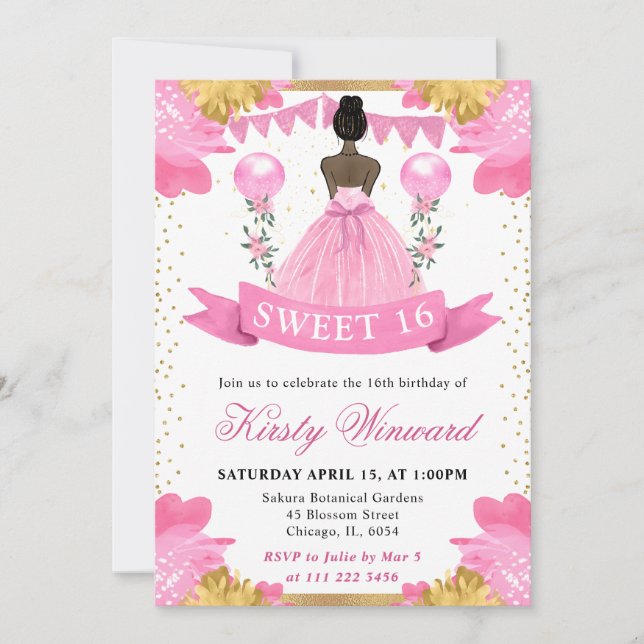 Invitation Robe rose Peau foncée Princesse Douce 16 (Devant)