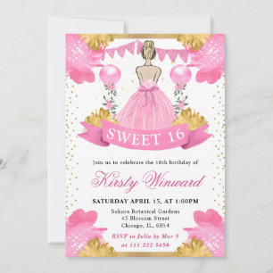 Invitation Robe rose princesse blonde Sweet 16