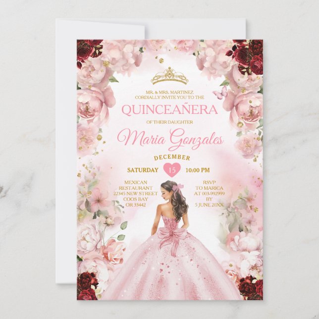 Invitation Robe rose princesse Bourgogne Floral Quinceañera (Devant)