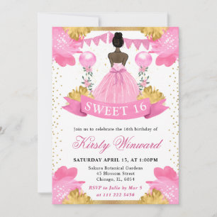 Invitation Robe rose princesse peau foncée Sweet 16
