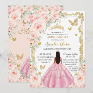 Invitation Robe rose Quinceañera vintage floral blush or