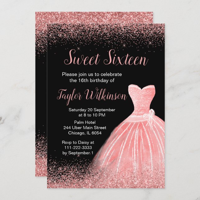 Invitation Robe rose rose Faux Parties scintillant Douce 16 A (Devant / Derrière)