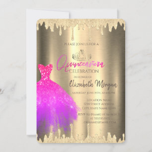 Invitation Robe rose, Tiara, Parties scintillant gouttes or Q