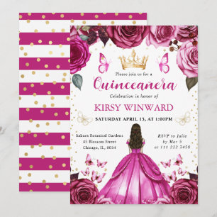 Invitation Robe rose vif Cheveux bruns Princesse Quinceanera