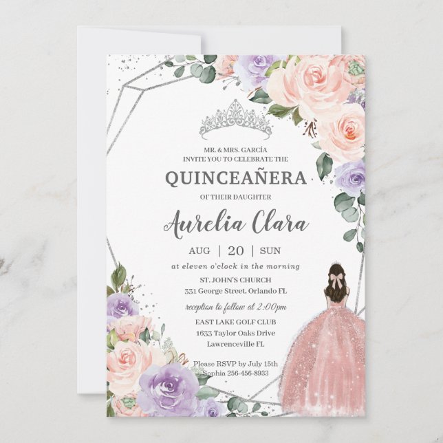 Invitation Robe Rose violet flou en argent Quinceañera (Devant)