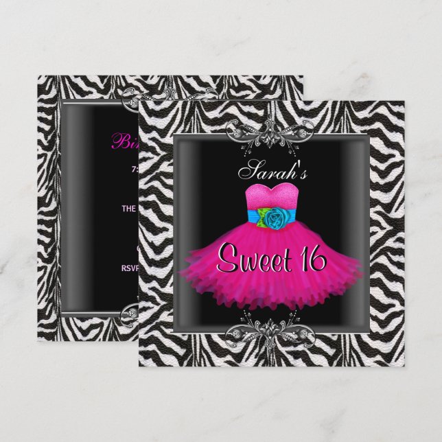 Invitation Robe rose Zèbre Sweet sixteen 16 Anniversaire Robe (Devant / Derrière)
