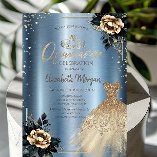 Invitation Robe Roses,Diamants Fond métallisé bleu Quinceañer