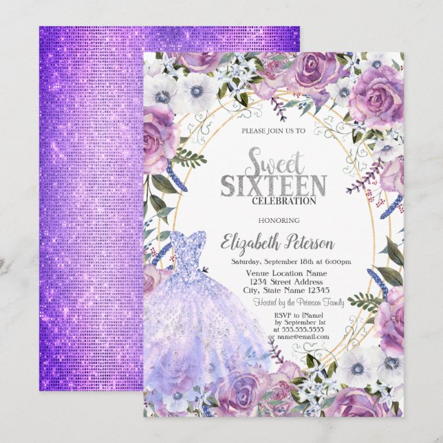 Invitation Robe Roses Violettes Sequins Sweet 16  (Devant / Derrière)