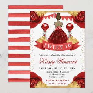 Invitation Robe rouge aquarelle princesse hispanique Sweet 16