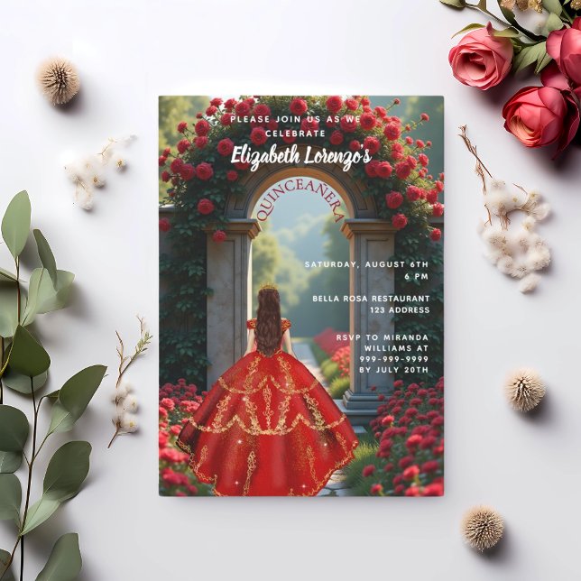 Invitation Robe rouge arche rose Quinceanera (Créateur téléchargé)