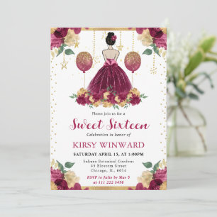 Invitation Robe rouge Bourgogne Cheveux bruns Princesse Sweet