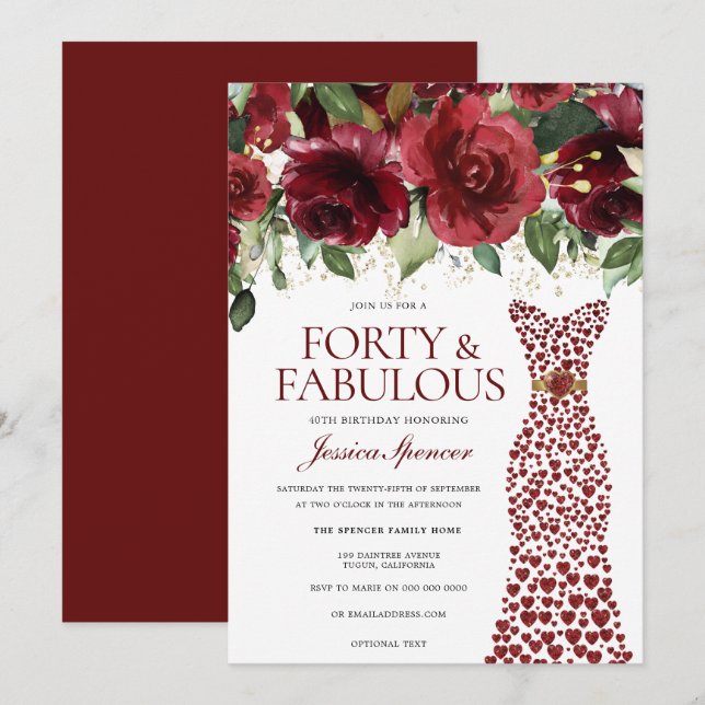 Invitation Robe rouge Bourgogne Forty & Fabuleux 40e annivers (Devant / Derrière)