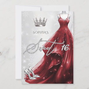 Invitation Robe rouge Bourgogne Snowflakes Winter Sweet 16