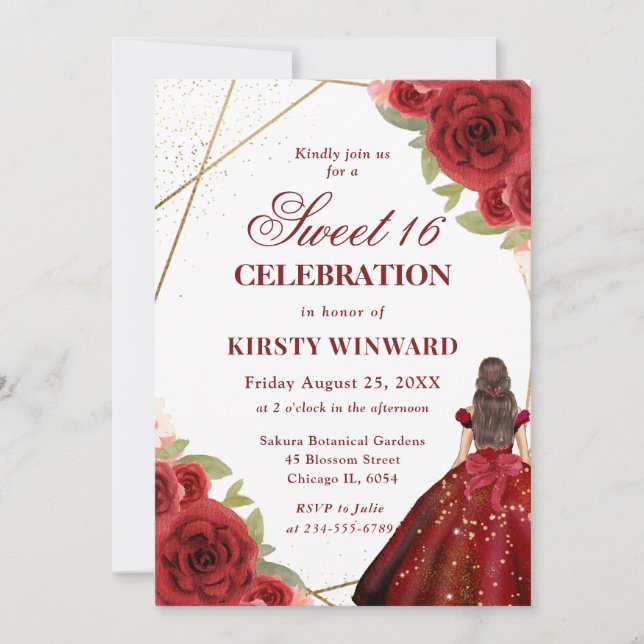 Invitation Robe Rouge Brunette Femme Fleurs Douce 16 (Devant)