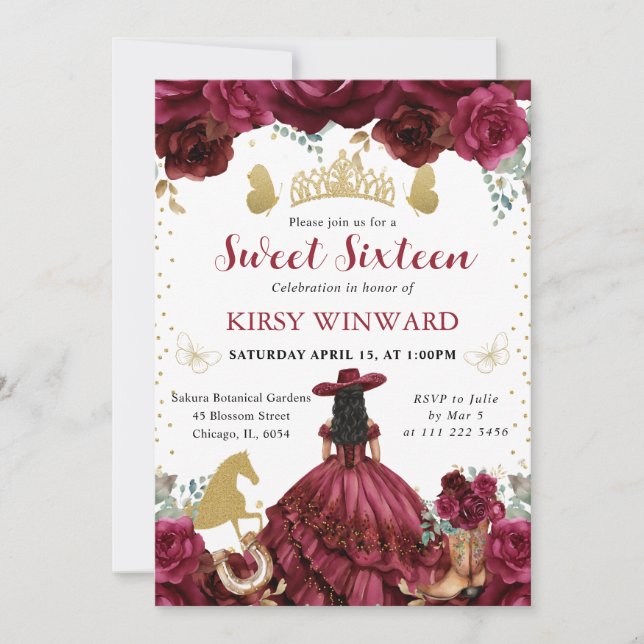Invitation Robe rouge Cheveux noirs Salon Princesse Sweet 16 (Devant)