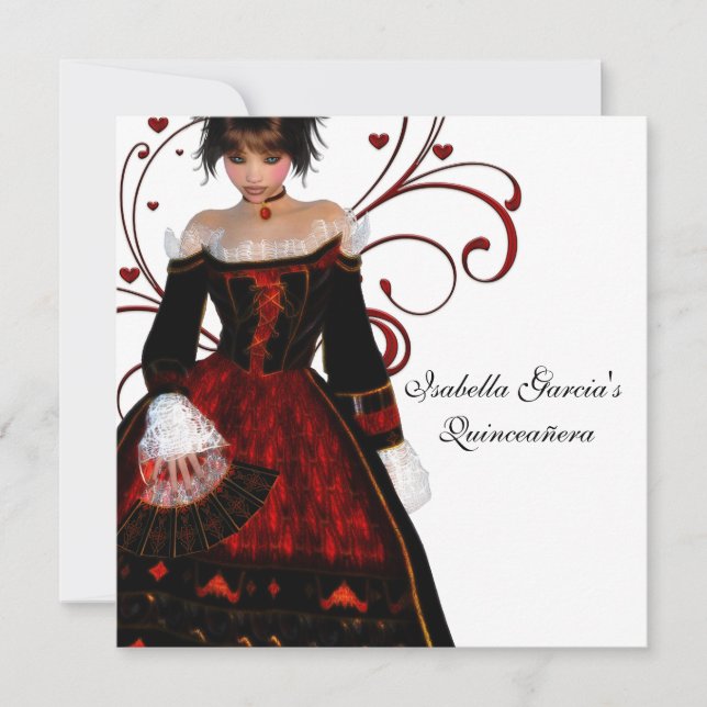 Invitation Robe Rouge Coeur tourbillonne Élégante Quinceanera (Devant)