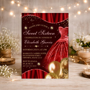 Invitation Robe rouge et ballons pailletés or Sweet 16